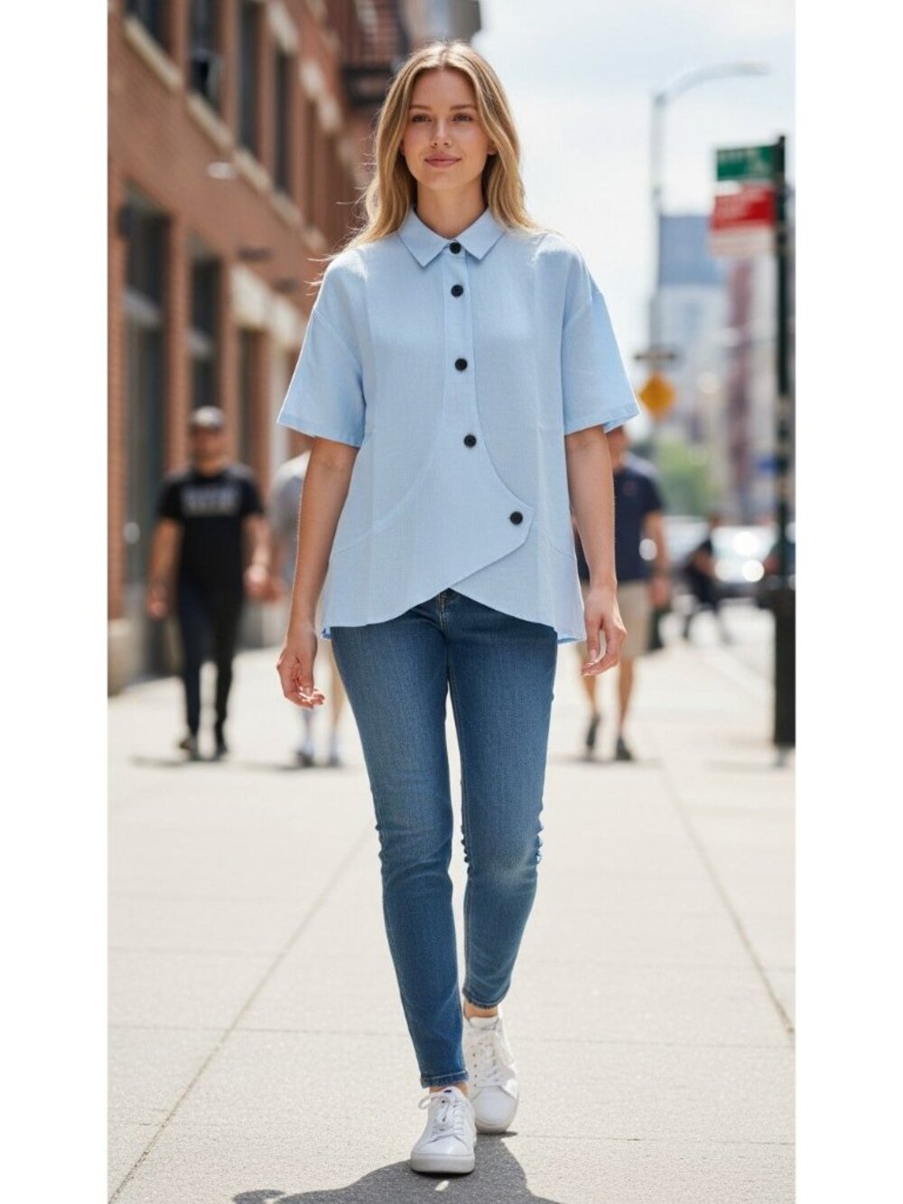 Asymmetrical Button-Down Light Blue Short-Sleeve Cotton Shirt Size XL